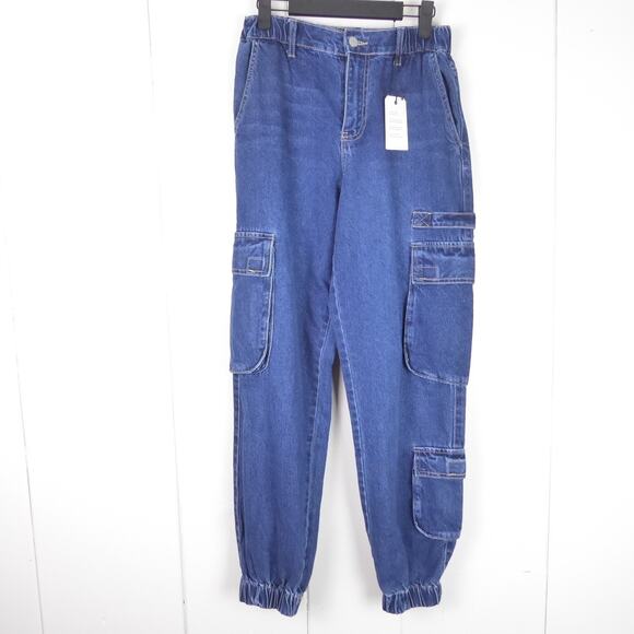 Forever 21 Denim Jogger Pants Womens SZ S Cargo Pockets High Rise Elastic Waist - Picture 1 of 16